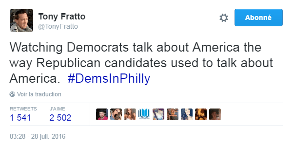 Traduction: En train de regarder les Démocrates parler de l'Amérique comme les candidats républicains avaient l'habitude de parler de l'Amérique.