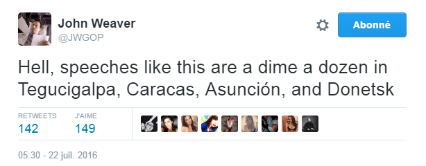 Traduction: Merde, les discours comme celui-là sont légion à Tegucigalpa, Caracas, Asunción, et Donetsk.