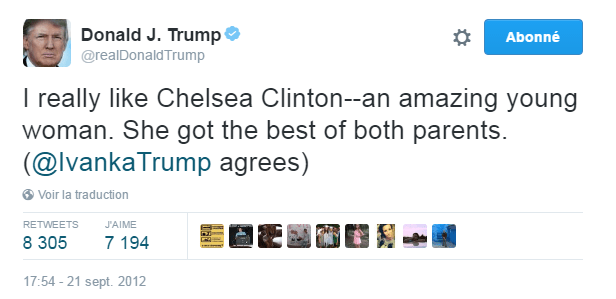 Traduction: J'aime vraiment bien Chelsea Clinton - une jeune femme incroyable. Elle a gardé le meilleur de ses deux parents. (Ivanka est d'accord avec moi)
