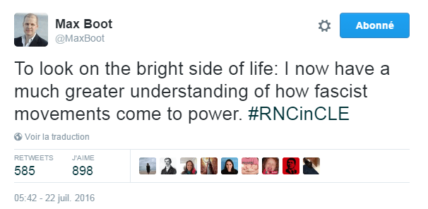 Traduction: Voyons le bon côté des choses: je comprends maintenant beaucoup mieux comment des mouvements fascistes arrivent au pouvoir.