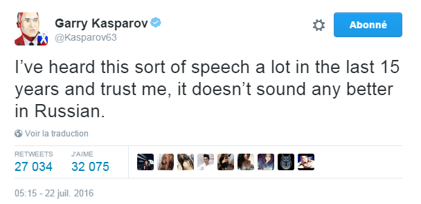 Traduction: J'ai beaucoup entendu ce type de discours ces 15 dernières années et croyez-moi, cela ne sonne pas mieux en russe.