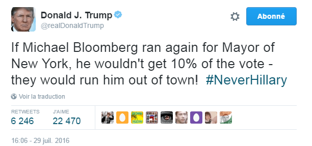 Traduction: Si Michael Bloomberg se présentait à nouveau à la mairie de New York, il n'obtiendrait même pas 10% des voix - ils le feraient quitter la ville en courant!
