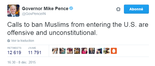 Traduction: Les appels à interdire à tous les musulmans d'entrer aux Etats-Unis sont repoussants et inconstitutionnels.