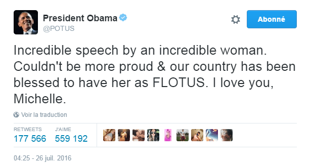Traduction: Un discours incroyable par une femme incroyable. Je ne pourrais pas être plus fier & notre pays a énormément de chance de l'avoir comme Première Dame. Je t'aime, Michelle.