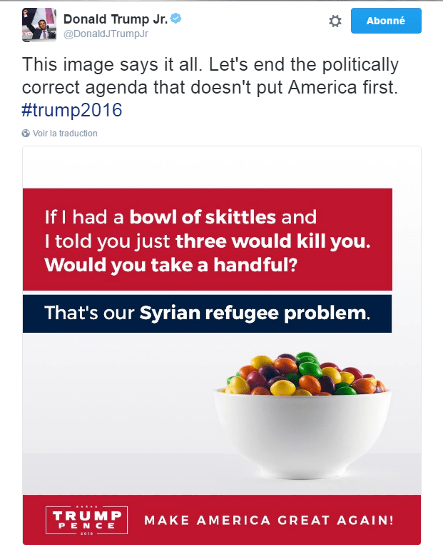 Traduction: Cette image dit tout. Arrêtons l'agenda politiquement correct qui ne place pas l'Amérique en premier.