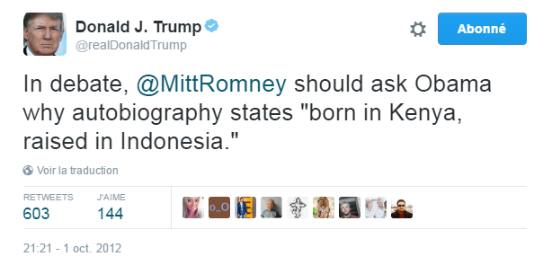 Traduction: Lors du débat, Mitt Romney devrait demander à Obama pourquoi son autobiographie mentionne "né au Kenya, élevé en Indonésie".