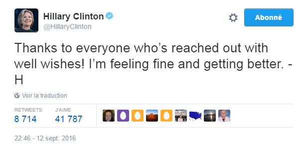 Traduction: Merci à tous ceux qui sont entrés en contact avec moi pour me souhaiter un bon rétablissement! Je me sens bien et je vais mieux.