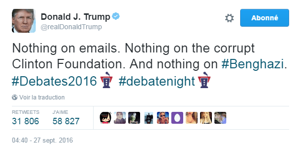 Traduction: Rien sur les e-mails. Rien sur la Clinton Foundation corrompue. Et rien sur Benghazi. 