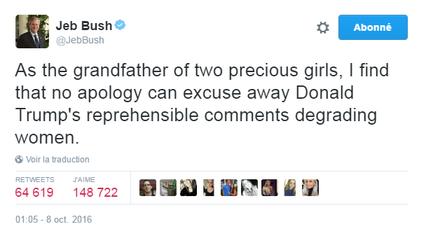 Traduction: En tant que grand-père de deux adorables petites filles, j'estime qu'aucune excuse ne peut faire oublier les commentaires répréhensibles de Donald Trump avilissant les femmes.