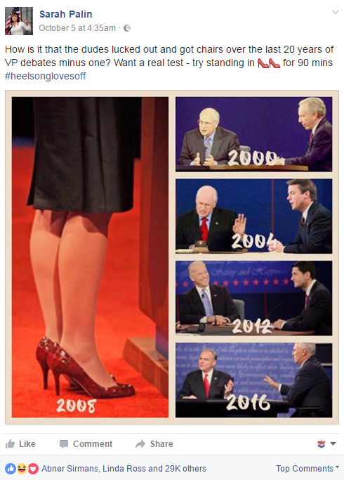 Traduction: Comment se fait-il que les mecs aient eu la chance d'avoir des chaises lors des débats vice-présidentiels de ces 20 dernières années sauf un? Vous voulez un vrai test - essayez de rester debout avec des hauts talons pendant 90 minutes.