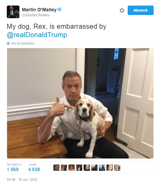 Traduction: Mon chien, Rex, est embarrassé par Donald Trump.