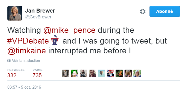 Traduction: Je regardais le débat de Mike Pence et j'allais tweeter quelque chose, mais Tim Kaine m'a interrompue avant que je