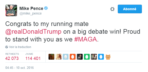 Traduction: Félicitations à mon colistier Donald Trump pour une grande victoire lors du débat! Fier d'être à tes côtés pendant que nous rendons à l'Amérique sa grandeur.