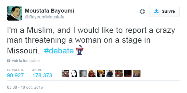 Traduction: Je suis musulman, et je voudrais signaler un homme fou en train de menacer une femme sur un plateau dans le Missouri.