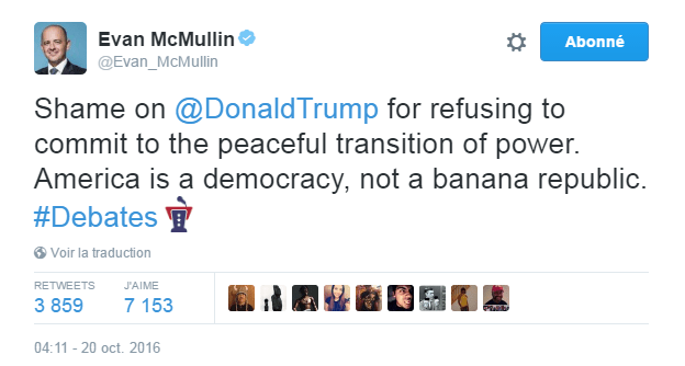 Traduction: Honte à Donald Trump de refuser de s'engager à une passation de pouvoir pacifique. L'Amérique est une démocratie, pas une république bananière. 