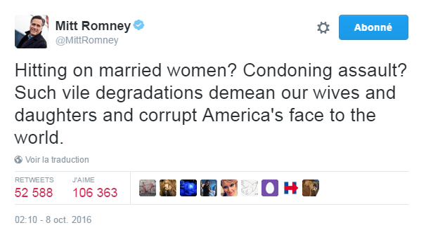 Traduction: Draguer des femmes mariées? Cautionner l'agression? De telles humiliations ignobles avilissent nos femmes et nos filles et pervertissent l'image de l'Amérique à l'étranger.