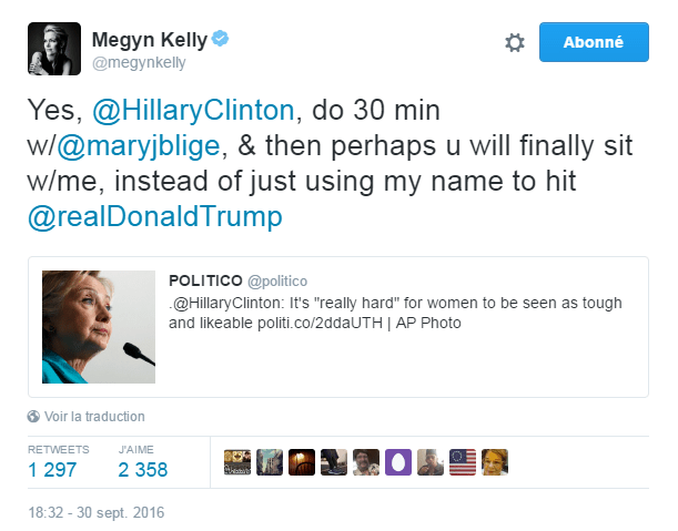 Traduction: Oui, Hillary Clinton, faites une interview de 30 minutes avec Mary J. Blidge, & peut-être qu'ensuite vous m'en accorderez enfin une, au lieu de juste utiliser mon nom pour attaquer Donald Trump