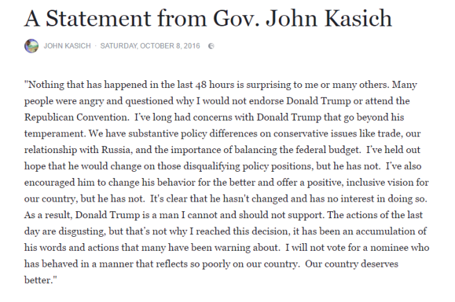 Traduction: Rien de ce qui s'est passé ces dernières 48 heures n'est surprenant pour moi, ni pour beaucoup d'autres. De nombreuses personnes étaient en colère et ont remis en question mon choix de ne pas apporter mon soutien à Donald Trump ou de ne pas me rendre à la Convention Républicaine. J'ai toujours eu des inquiétudes concernant Donald Trump qui vont au-delà de son tempérament. Nous avons des différences politiques considérables sur des questions comme le libre échange, notre relation avec la Russie, et l'importance d'équilibrer le budget fédéral. Je gardais l'espoir qu'il changerait sur ces positions politiques, mais il ne l'a pas fait. Je l'ai aussi encouragé à améliorer son comportement et à offrir une vision positive et inclusive pour notre pays, mais il ne l'a pas fait. Il est clair qu'il n'a pas changé et n'a pas l'intention de le faire. Par conséquent, Donald Trump est un homme que je ne peux pas et que je ne devrais pas soutenir. Les actions d'hier sont répugnantes, mais ce n'est pas la raison pour laquelle j'ai pris cette décision, c'est une accumulation de ses déclarations et actions contre lesquelles de nombreuses personnes ont mis en garde. Je ne voterai pas pour un candidat qui se comporte de façon à donner une mauvaise image de notre pays. Notre pays mérite mieux.