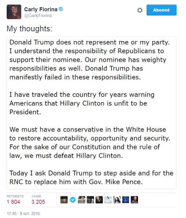 Traduction: Donald Trump ne me représente pas ni mon parti. Je comprends le responsabilité des Républicains à soutenir leur candidat. Notre candidat a aussi des responsabilités. Donald Trump a manifestement échoué à assumer ces responsabilités. J'ai voyagé à travers le pays pendant des années pour avertir les Américains qu'Hillary Clinton est inapte à la présidence. Nous devons avoir un conservateur à la Maison Blanche pour rétablir la responsabilité envers le citoyen, l'opportunité et la sécurité. Dans l'intérêt de notre Constitution et de la loi, nous devons battre Hillary Clinton. Aujourd'hui, je demande à Donald Trump de se retirer et au Parti Républicain de le remplacer par le gouverneur Mike Pence.