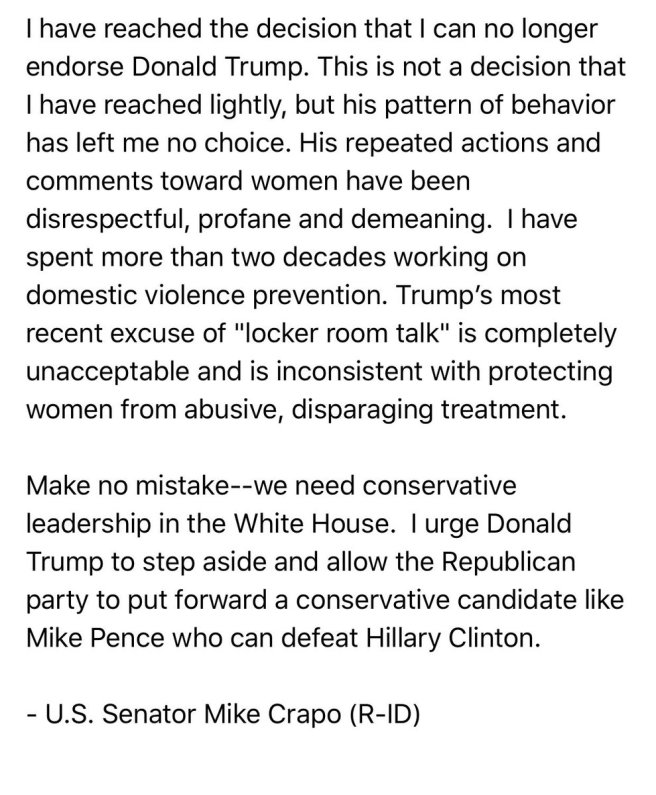 Traduction: J'ai pris la décision de ne plus soutenir Donald Trump. Ce n'est pas une décision prise à la légère, mais son comportement ne me laisse pas le choix. Ses actions et commentaires répétés à l'encontre des femmes sont irrespectueux, vulgaires et dégradants. J'ai passé plus de vingt ans à travailler sur la prévention des violences conjugales. L'excuse la plus récente de Trump du "discours de vestiaires" est totalement inacceptable et est incompatible avec la protection des femmes vis-à-vis de traitements violents et désobligeants. Ne vous y trompez pas - nous avons besoin d'un leadership conservateur à la Maison Blanche. J'encourage Donald Trump à se retirer et à permettre au Parti Républicain de soutenir un candidat conservateur comme Mike Pence qui puisse battre Hillary Clinton.