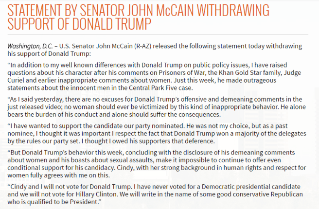 Traduction: En plus de mes différences bien connues avec Donald Trump sur des questions politiques, j'ai émis des interrogations à propos de son caractère après ses commentaires sur les prisonniers de guerre, la famille Khan, le juge Curiel et ses précédents commentaires inappropriés sur les femmes. Cette semaine, il a fait des déclarations scandaleuses sur les hommes innocents de l'affaire Central Park Five. Comme je l'ai dit hier, il n'y a aucune excuse aux commentaires offensants et dégradants de Donald Trump dans la vidéo qui vient d'être diffusée; aucune femme ne devrait jamais être la victime de ce genre de comportement inapproprié. Il porte seul le fardeau de sa conduite et devra en assumer les conséquences seul. J'ai voulu soutenir le candidat que notre parti a désigné. Il n'était pas mon choix, mais en tant qu'ancien nominé, je pensais qu'il était important que je respecte le fait que Donald Trump ait gagné une majorité de délégués en respectant les règles du parti. Je pensais que je devais ce respect à ses supporters. Mais le comportement de Donald Trump cette semaine, se concluant par la révélation de ses commentaires dégradants sur les femmes et ses fanfaronnades au sujet d'agressions sexuelles, fait qu'il est impossible pour moi de continuer à apporter un soutien, même conditionnel, à sa candidature. Cindy, avec son expérience en matière de droits de l'homme et son respect pour les femmes est entièrement d'accord avec moi. Cindy et moi ne voterons pas pour Donald Trump. Je n'ai jamais voté pour un candidat démocrate à la présidence et je ne voterai pas pour Hillary Clinton. Nous inscrirons le nom d'un bon Républicain conservateur qualifié pour la présidence sur notre bulletin de vote.