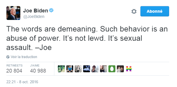 Traduction: Les mots sont dégradants. Un tel comportement est un abus de pouvoir. Ce n'est pas obscène. C'est de l'agression sexuelle.