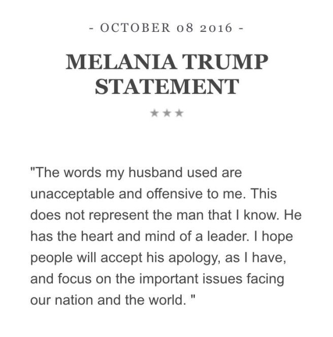 Traduction: Les mots que mon mari a utilisés sont inacceptables et offensants pour moi. Ils ne représentent pas l'homme que je connais. Il a le cœur et l'esprit d'un leader. J'espère que les gens accepteront ses excuses, comme je l'ai fait, et se concentreront sur les problèmes importants auxquels notre pays et le monde doivent faire face.