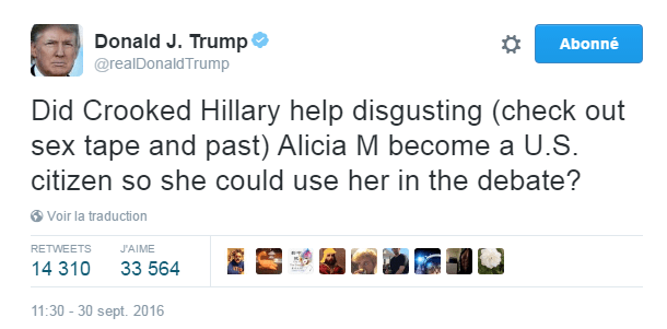 Traduction: Est-ce qu'Hillary la malhonnête a aidé la répugnante (regardez sa sex tape et son passé) Alicia M à devenir citoyenne américaine pour pouvoir l'utiliser lors du débat?