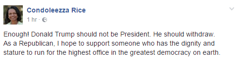 Traduction: Assez! Donald Trump ne devrait pas être Président. Il devrait se retirer. En tant que Républicaine, j'espère pouvoir soutenir quelqu'un ayant la dignité et la stature nécessaires pour occuper le poste le plus important de la plus grande démocratie du monde.