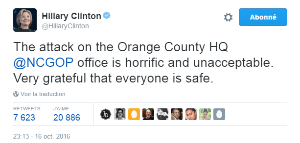 Traduction: L'attaque contre le QG du Parti Républicain du comté d'Orange est terrifiante et inacceptable. Très heureuse que tout le monde soit sain et sauf.