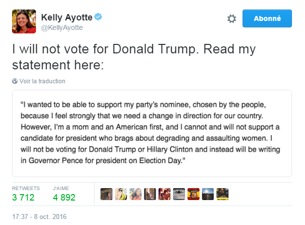 Traduction: Je voulais être capable de soutenir le candidat de mon parti, choisi par les électeurs, parce que je pense vraiment que nous avons besoin d'un changement de direction pour notre pays. Cependant, je suis une mère et une américaine avant tout, et je ne peux pas soutenir et je ne soutiendrai pas un candidat qui se vante d'avilir et d'agresser les femmes. Je ne voterai ni pour Donald Trump ni pour Hillary Clinton et j'inscrirai à la place le nom de Mike Pence sur mon bulletin de vote le jour de l'élection.