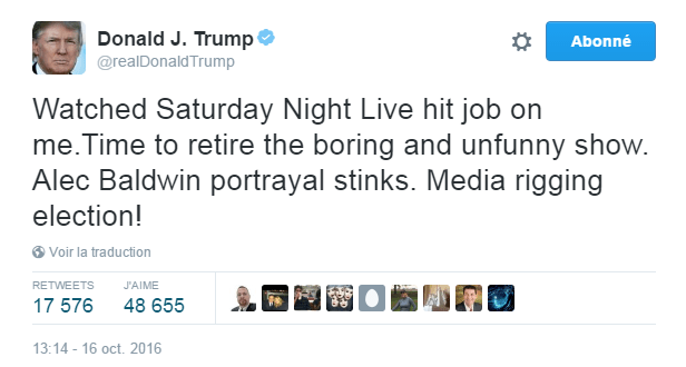 Traduction: J'ai regardé le boulot de Saturday Night Live me concernant. Il est temps de mettre à la retraite ce show ennuyeux et pas drôle. L'interprétation d'Alec Baldwin est pourrie. Les médias en train de truquer l'élection!