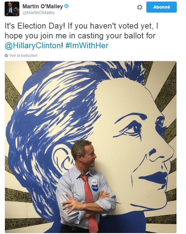 Traduction: C'est le jour de l'élection! Si vous n'avez pas encore voté, j'espère que vous me rejoindrez en votant pour Hillary Clinton!