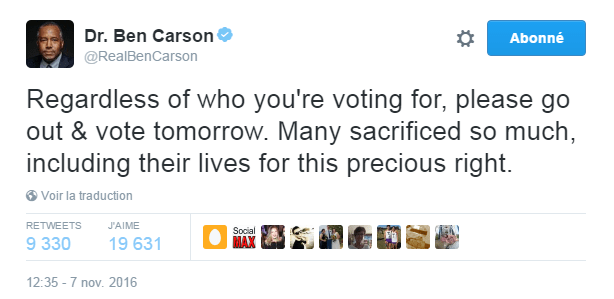 Traduction: Peu importe pour qui vous votez, sortez & votez demain. Beaucoup de personnes ont sacrifié beaucoup de choses, y compris leur vie pour ce droit précieux.