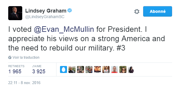 Traduction: J'ai voté pour Evan McMullin à la présidence. J'apprécie ses opinions au sujet d'une Amérique forte et du besoin de reconstruire notre armée.