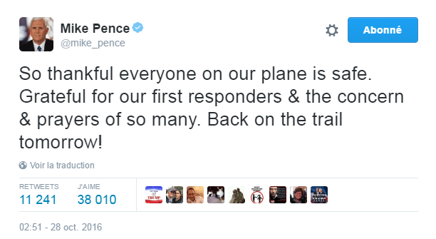 Traduction: Tellement reconnaissant que tout le monde à bord de notre avion soit sain et sauf. Reconnaissant envers les premiers secours & l'intérêt & les prières de très nombreuses personnes. De retour en campagne demain!