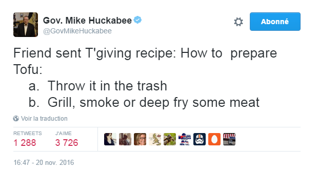 Traduction: Un ami m'a envoyé une recette pour Thanksgiving: Comment préparer du Tofu: a. Le jeter à la poubelle. b. Faire griller, fumer ou frire de la viande.