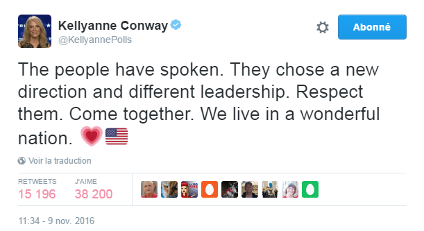 Traduction: Le peuple a parlé. Il a choisi une nouvelle direction et un leadership différent. Il faut le respecter. Se rassembler. Nous vivons dans une nation merveilleuse.