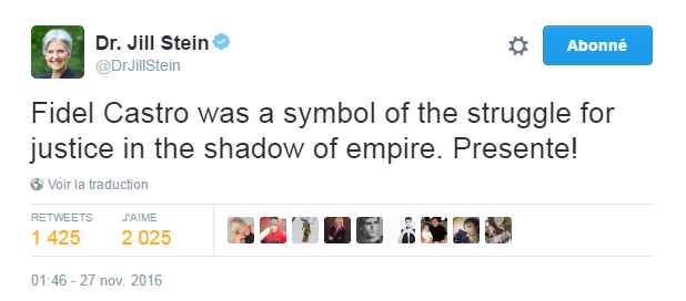 Traduction: Fidel Castro était un symbole de la lutte pour la justice dans l'ombre de l'empire. Presente!