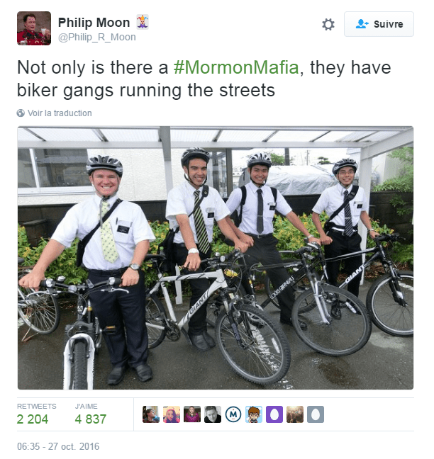 Traduction: Non seulement il y a une mafia mormone, mais en plus ils ont des gangs de cyclistes qui patrouillent dans les rues