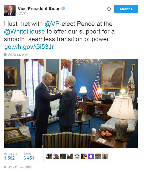 Traduction: Je viens de m'entretenir avec le vice-président élu Pence à la Maison Blanche afin de lui offrir notre soutien pour une passation de pouvoir en douceur