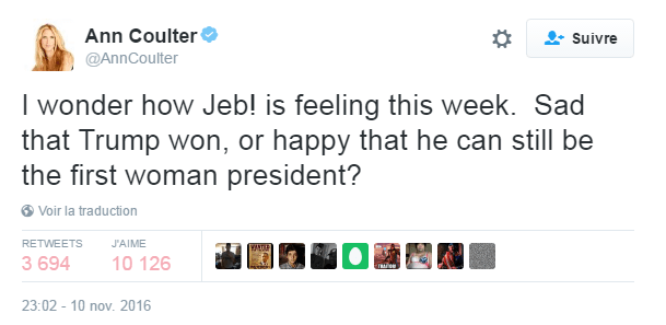 Traduction: Je me demande comment se sent Jeb! cette semaine. Triste que Trump ait gagné, ou heureux d'avoir encore une chance de devenir la première femme présidente?