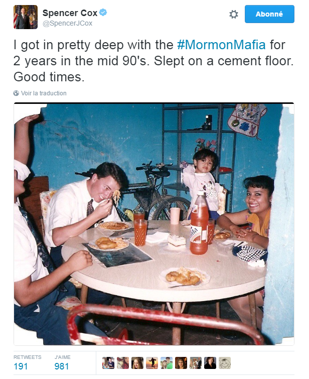 Traduction: J'ai été très impliqué dans la mafia mormone pendant 2 ans dans les années 90. J'ai dormi sur un sol en ciment. De bons moments.