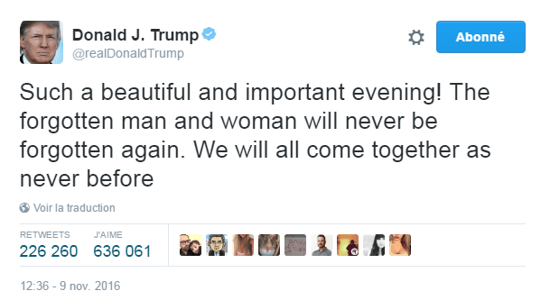 Traduction: Une soirée si belle et importante! Les hommes et femmes oubliés ne seront plus jamais oubliés. Nous allons tous nous rassembler comme jamais auparavant.