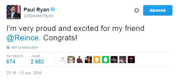 Traduction: Je suis très fier et heureux pour mon ami Reince Priebus. Félicitations !