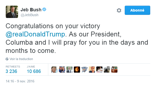 Traduction: Félicitations pour ta victoire Donald Trump. En tant que Président, Columba et moi prierons pour toi dans les jours et mois à venir.