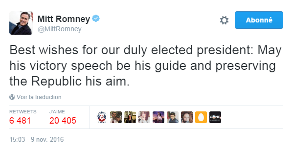 Traduction: Meilleurs vœux à notre président élu: Que son discours de victoire soit son guide et que préserver la République soit son objectif.