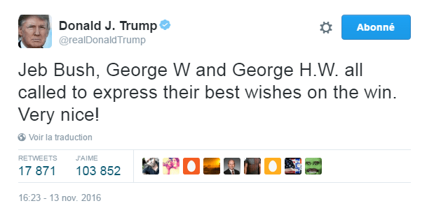 Traduction: Jeb Bush, George W. Bush et George H.W. m'ont tous appelé pour exprimer leurs meilleurs vœux suite à ma victoire. Très gentil !