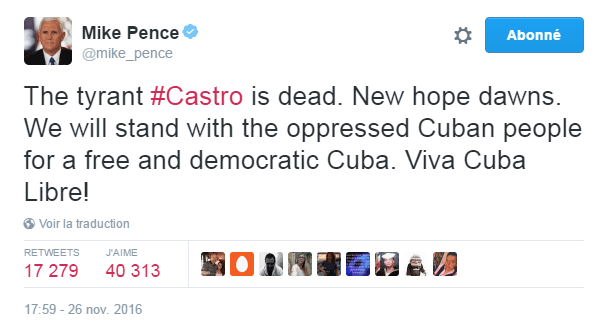 Traduction: Le tyran Castro est mort. Un nouvel espoir naît. Nous serons aux côtés du peuple cubain opprimé pour un Cuba libre et démocratique. Viva Cuba Libre!