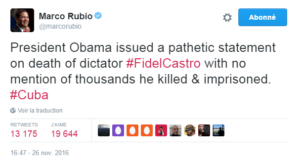 Traduction: Le président Obama a publié un communiqué pathétique sur la mort du dictateur Fidel Castro sans mentionner les milliers de personnes qu'il a tuées et emprisonnées. 